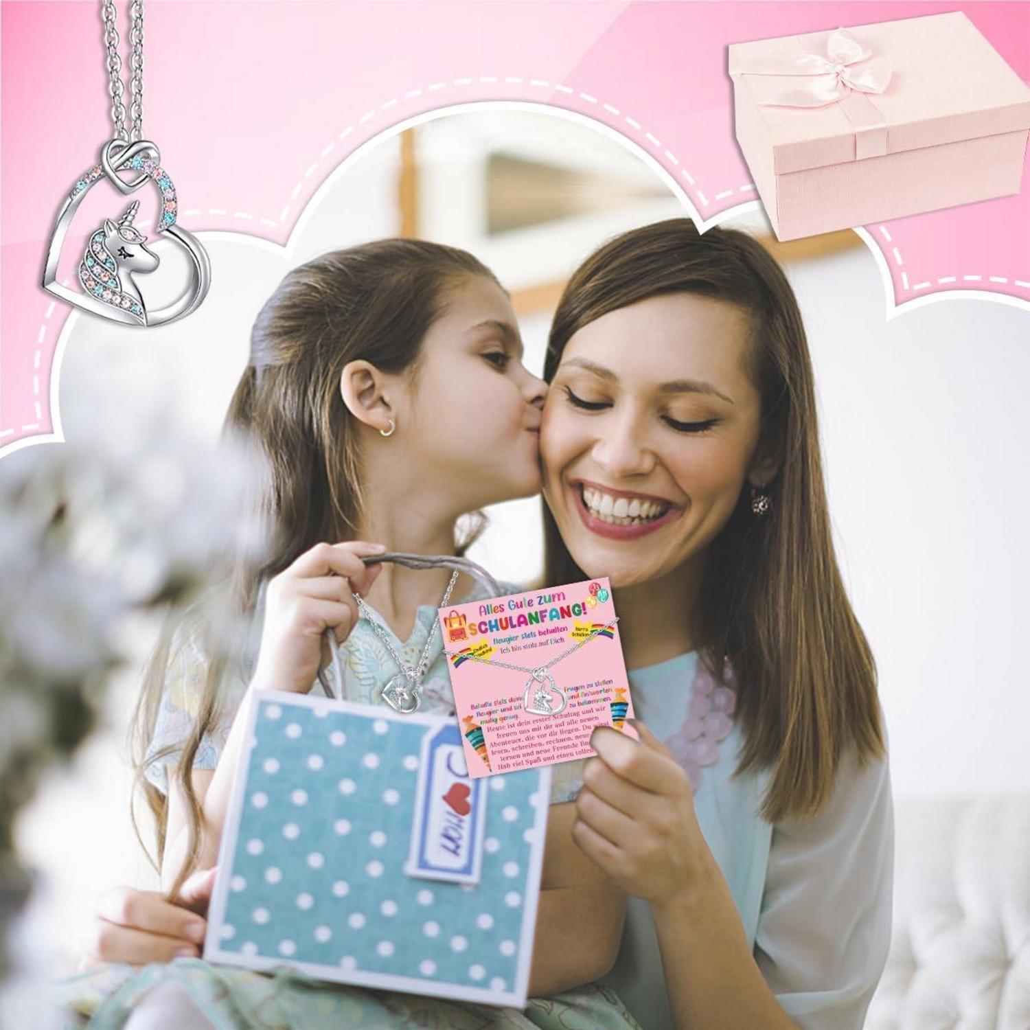 Einhorn Kette Mädchen Einschulung Geschenkset inkl. Karte & Poliertuch
