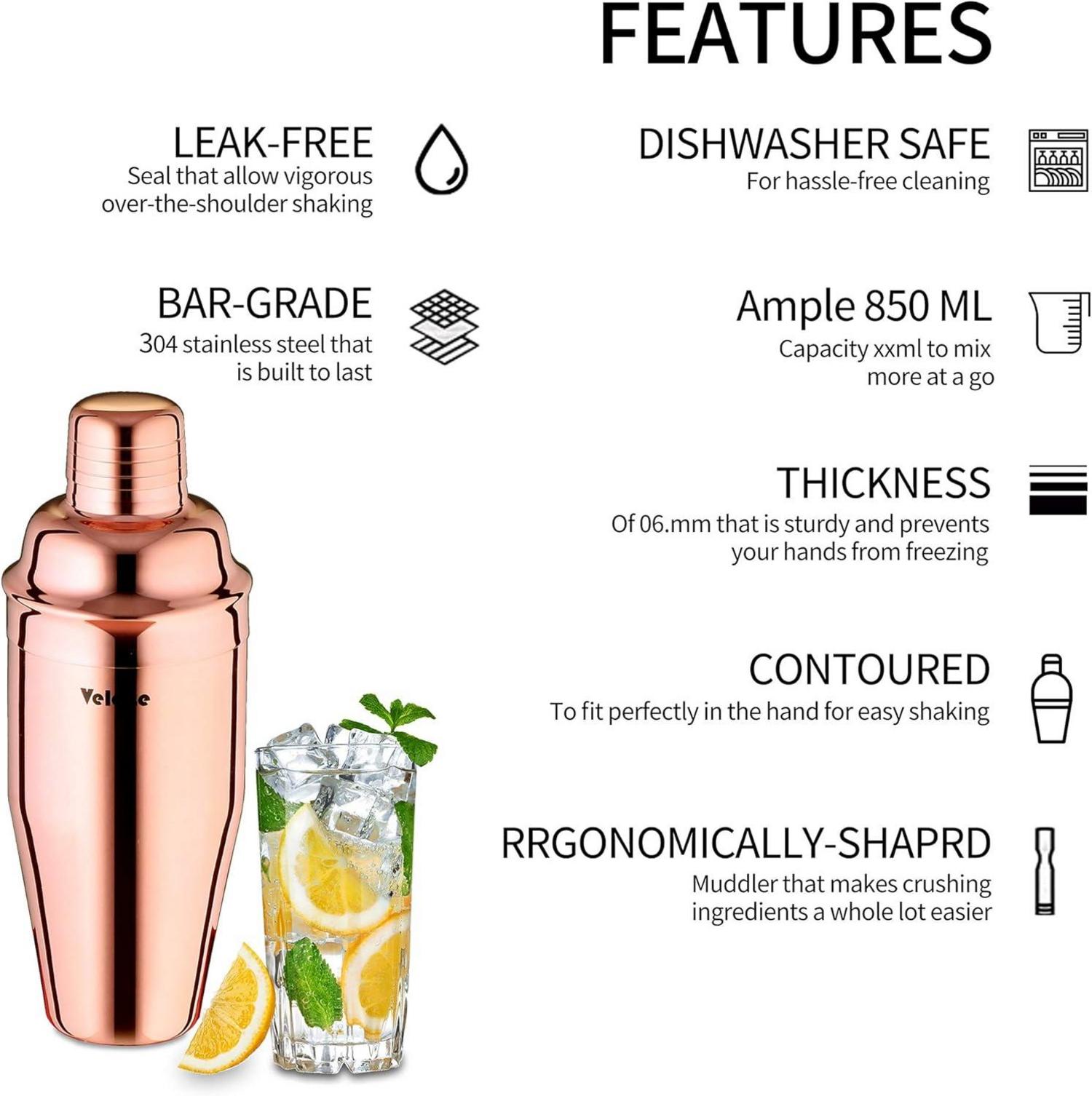 Velaze Cocktail Shaker Set 10-teilig Edelstahl Rosegold