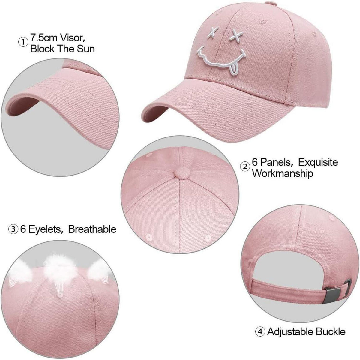 Gestickte Baseball Cap mit Lächeln – Rosa, Verstellbar