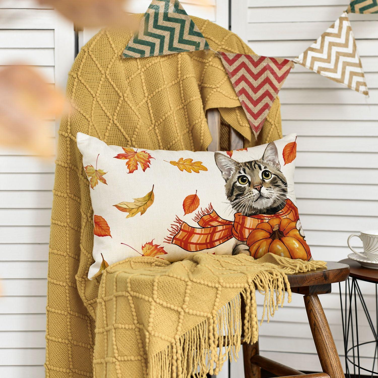 Kürbis Herbst Kissenbezug 30x50 cm Katze Ahornblätter Sofa Deko