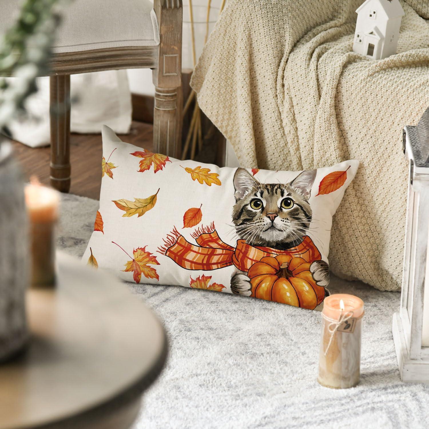 Artoid Herbst Kissenbezug 30x50 cm Ahornblätter Schal Katze Sofa Deko
