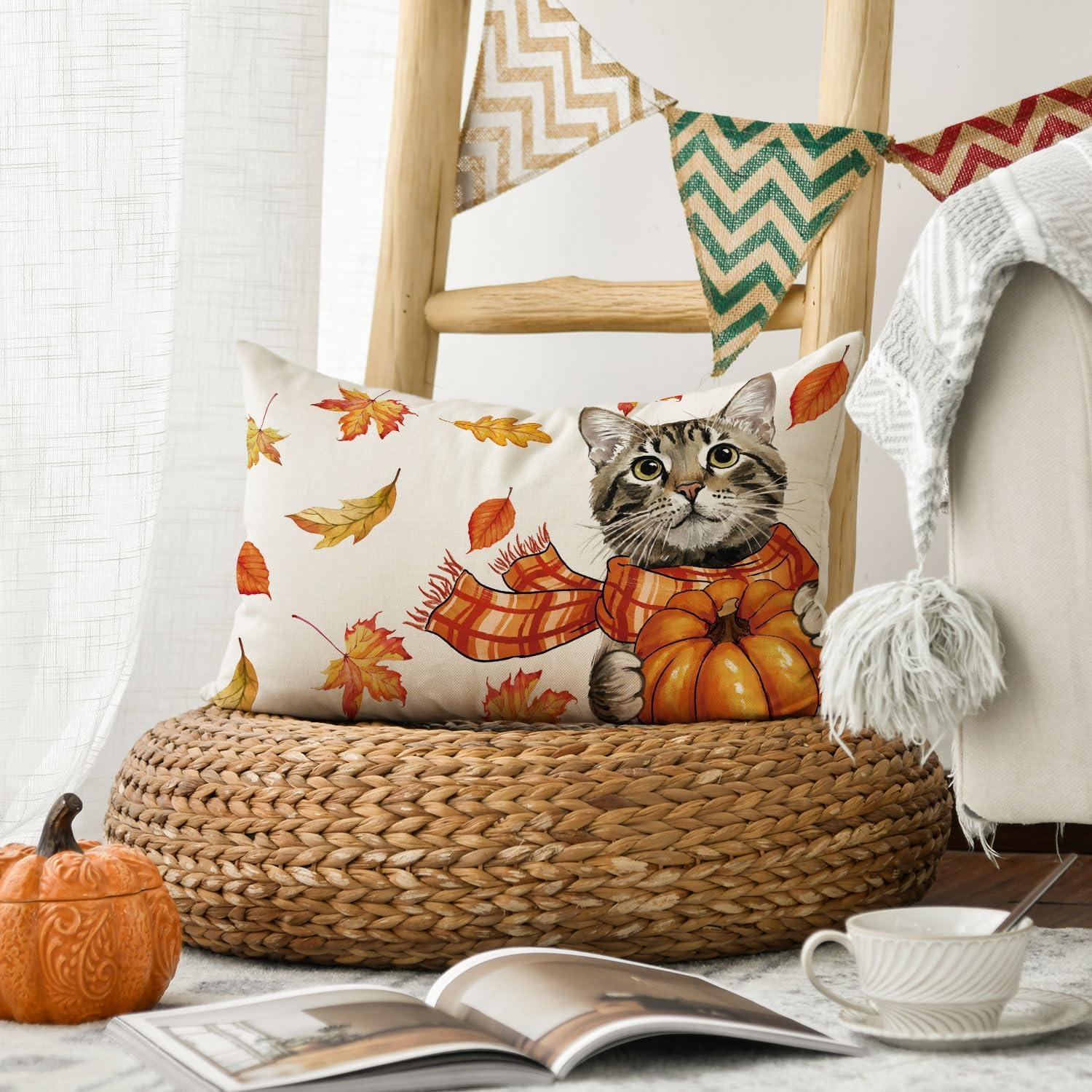 Herbst Kürbis Katze Ahornblätter Kissenbezug 30x50 Saisonales Couch Deko