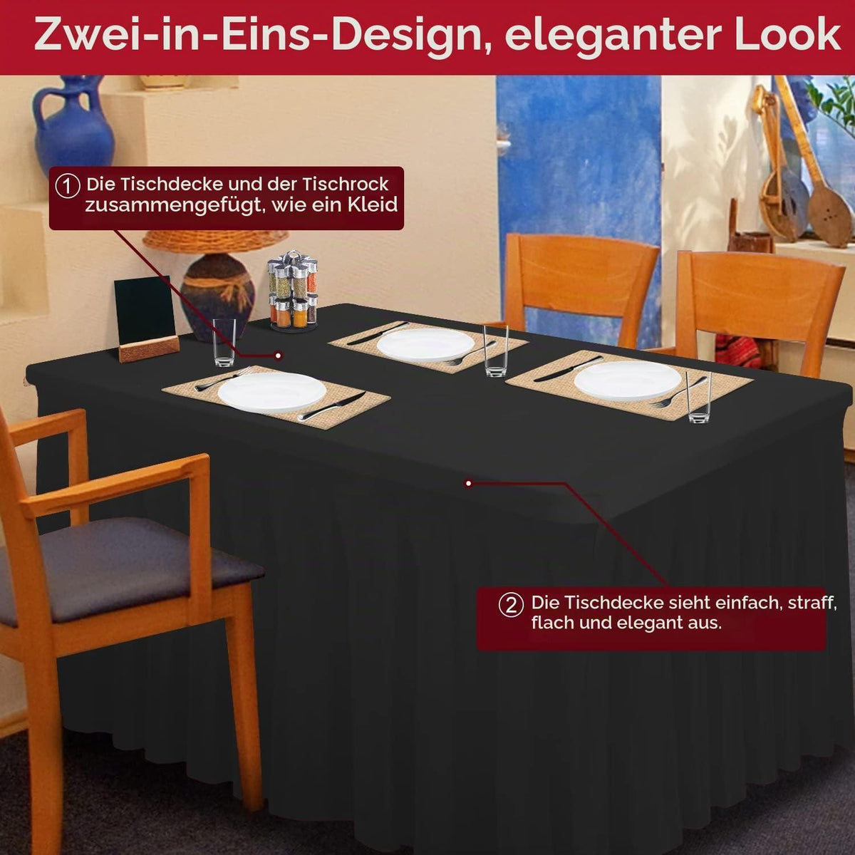 2in1 Spandex Tischrock & Tischdecke 6ft, Schwarz, 2er Pack