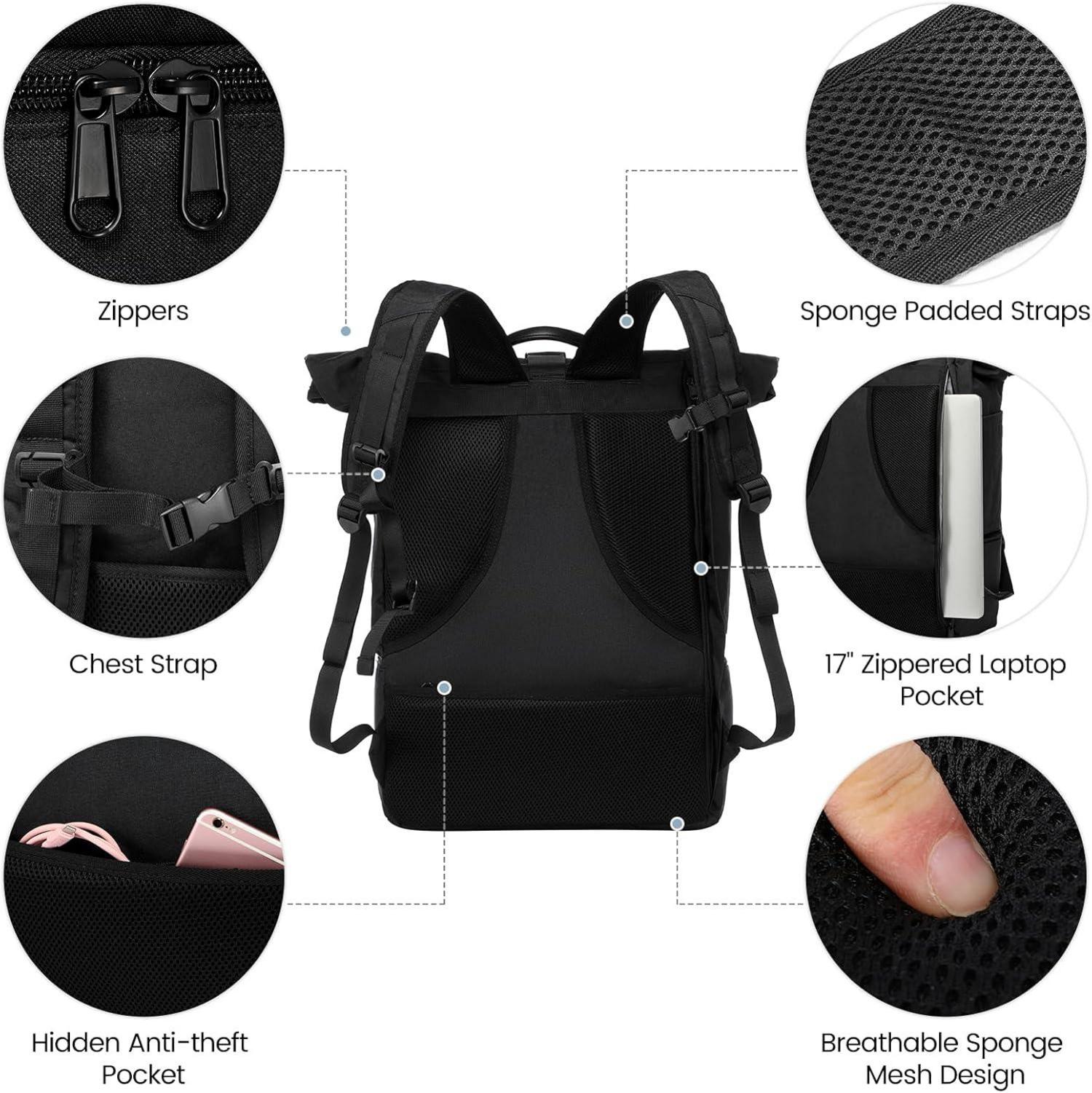 Wasserdichter Rolltop Rucksack mit Schuhfach Laptopfach 17 Zoll - Schwarz