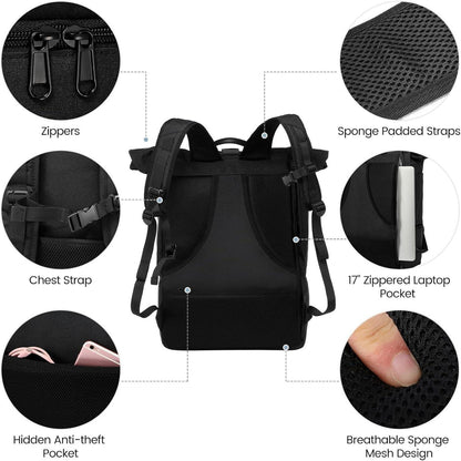 Wasserdichter Rolltop Rucksack mit Schuhfach Laptopfach 17 Zoll - Schwarz