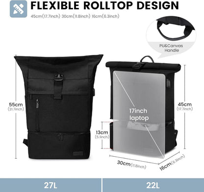 Wasserdichter Rolltop Rucksack mit Laptopfach und Schuhfach 17 Zoll