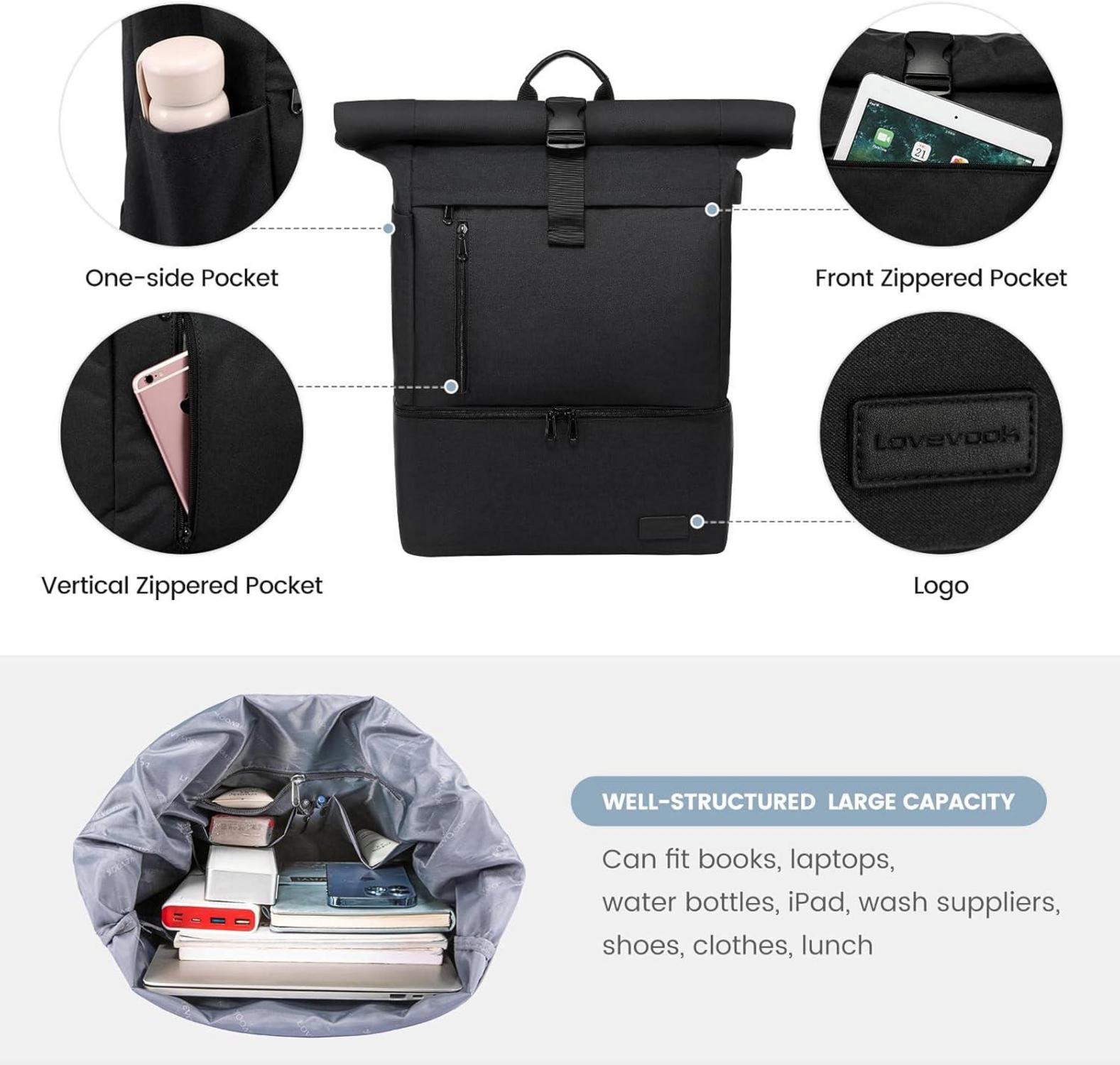 Wasserdichter Rolltop Rucksack mit Laptopfach 17 Zoll und Schuhfach