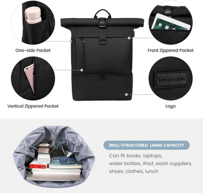 Wasserdichter Rolltop Rucksack mit Laptopfach 17 Zoll und Schuhfach