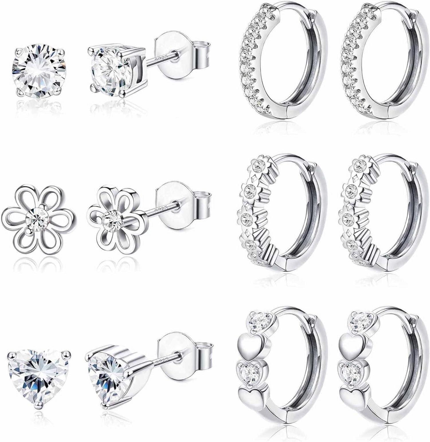 6 Paar Kleine Ohrringe Set 925 Silber Sleeper Herz Blume Creolen