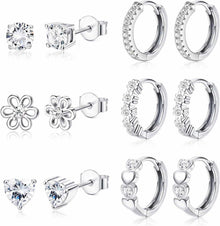 6 Paar Kleine Ohrringe Set 925 Silber Sleeper Herz Blume Creolen