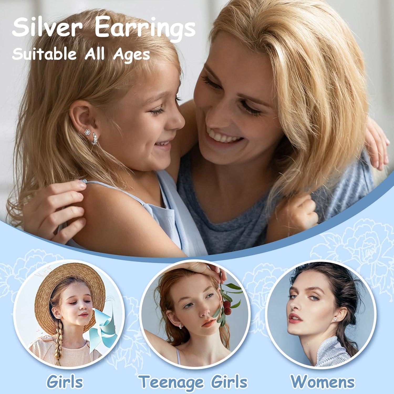 6er Set Mädchen Damen Ohrringe: Blume Herz Creolen Ohrstecker 925 Silber hypoallergen