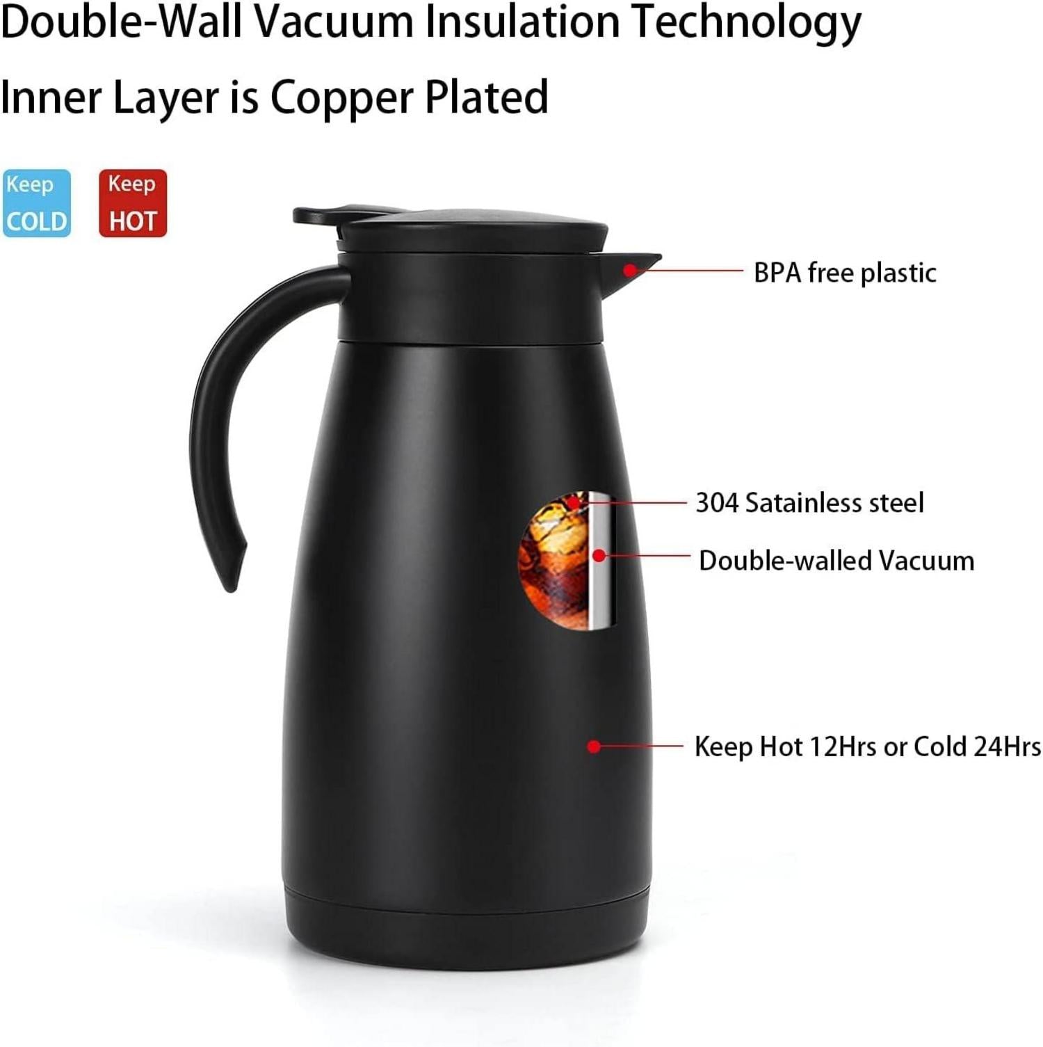 Thermoskanne 2 Liter Isolierkanne Edelstahl Tee Kaffee Schwarz
