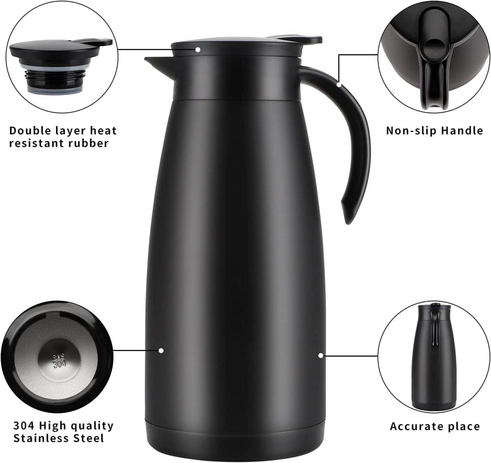 Thermoskanne 2 Liter Edelstahl Isolierkanne Kaffeekanne Schwarz