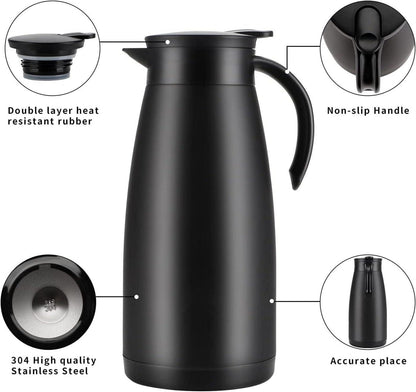 Thermoskanne 2 Liter Edelstahl Isolierkanne Kaffeekanne Schwarz