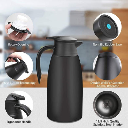 Isolierkanne 2 Liter Edelstahl Schwarz Kaffeekanne Thermoskanne