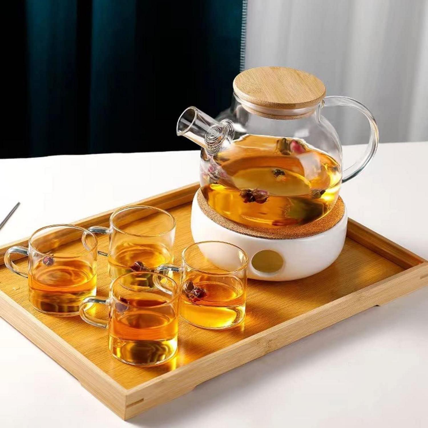 HwaGui Teekanne aus Borosilikatglas 1000ml mit Metallsieb und Bambusdeckel