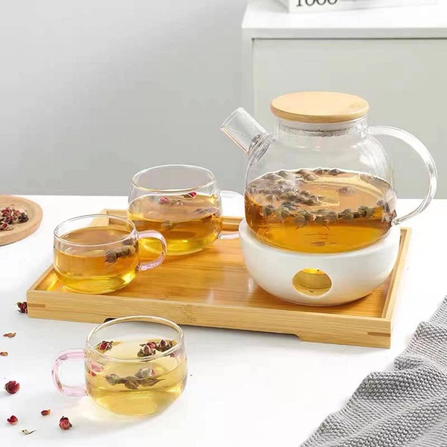 Teekanne Glas 1000 ml Borosilikat Glasteekanne Metallsieb Bambusdeckel