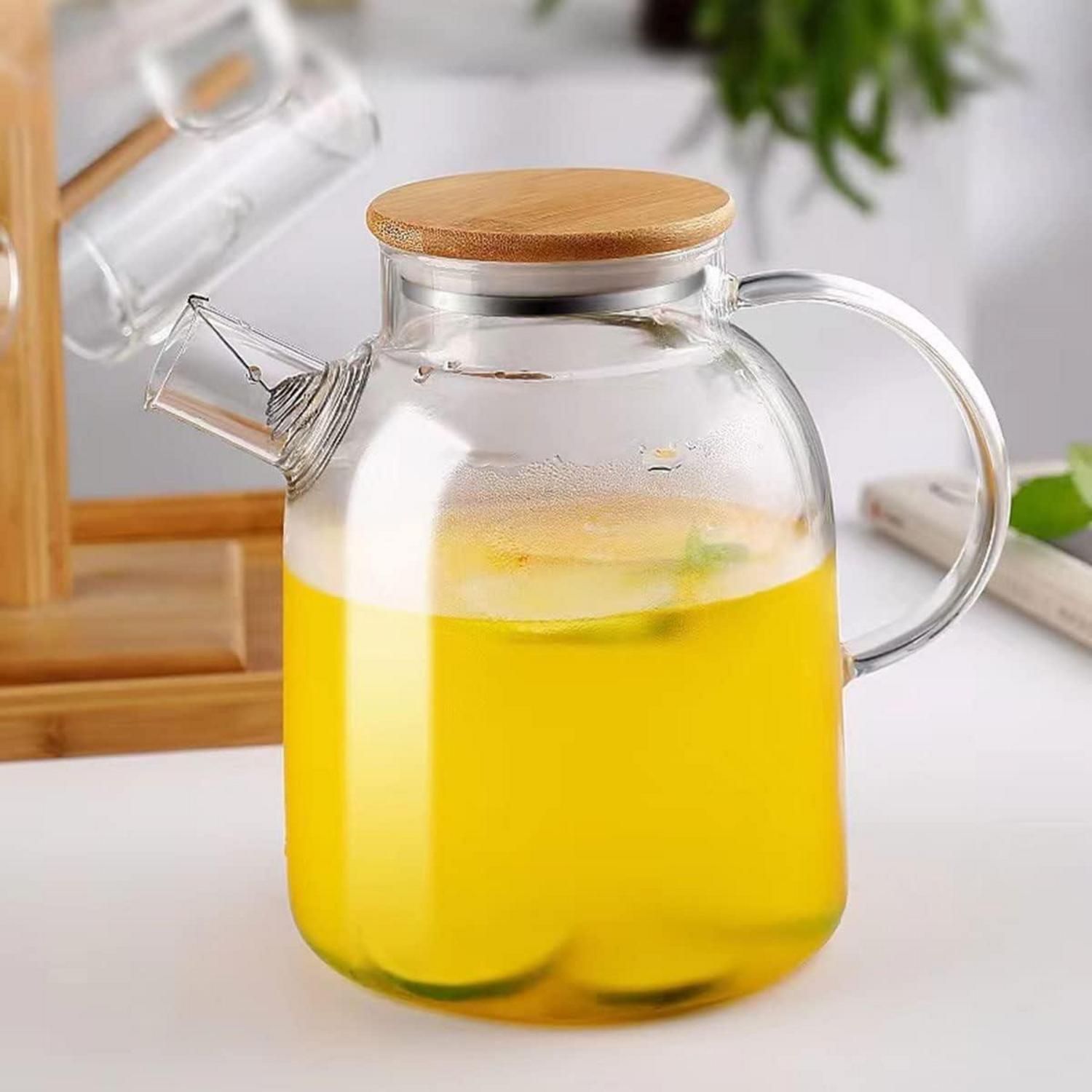 Moderne Tee Karaffe aus Borosilikatglas mit Metallsieb & Bambusdeckel