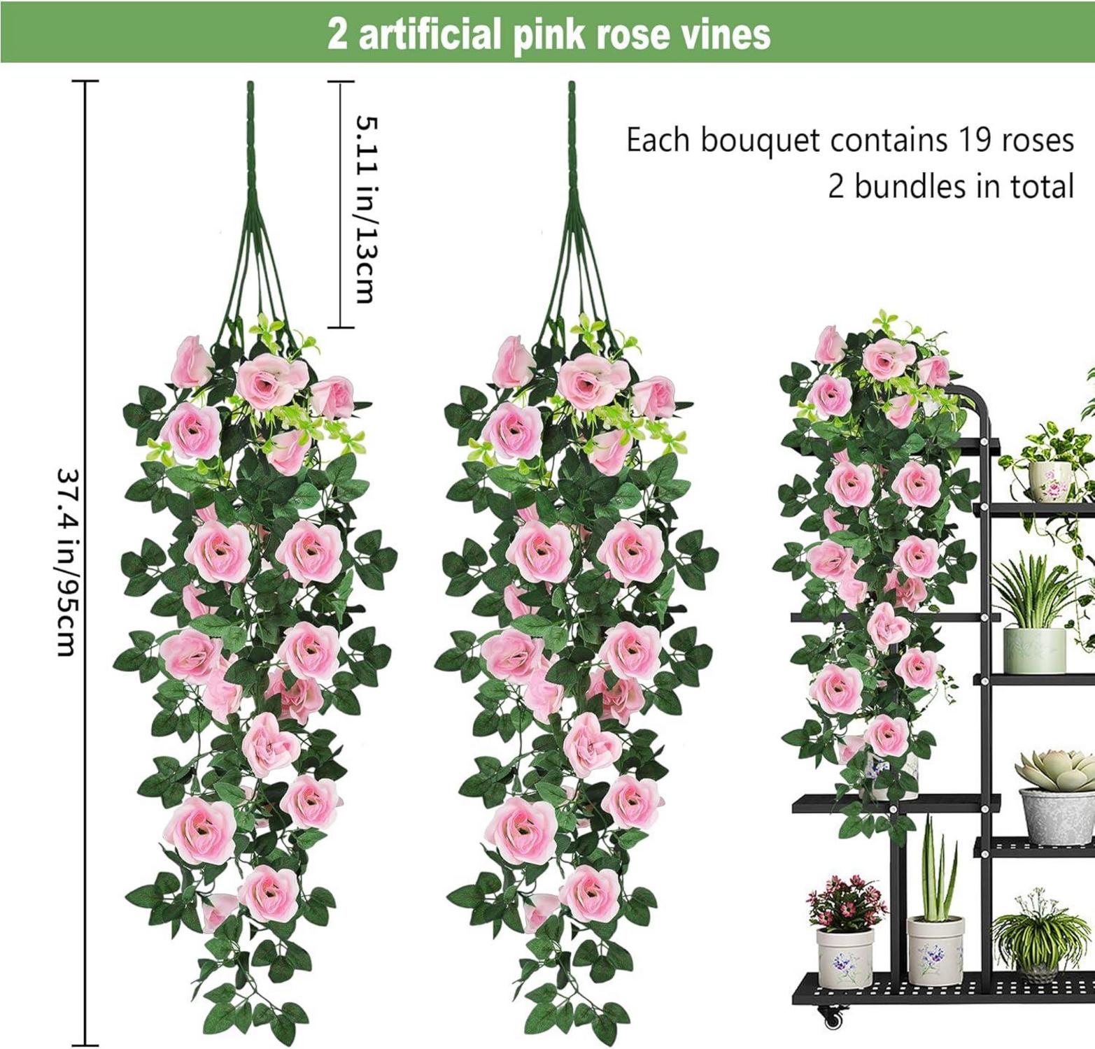 2er Set Künstliche Hängeblumen Rosen 95cm Deko Außen & Innen