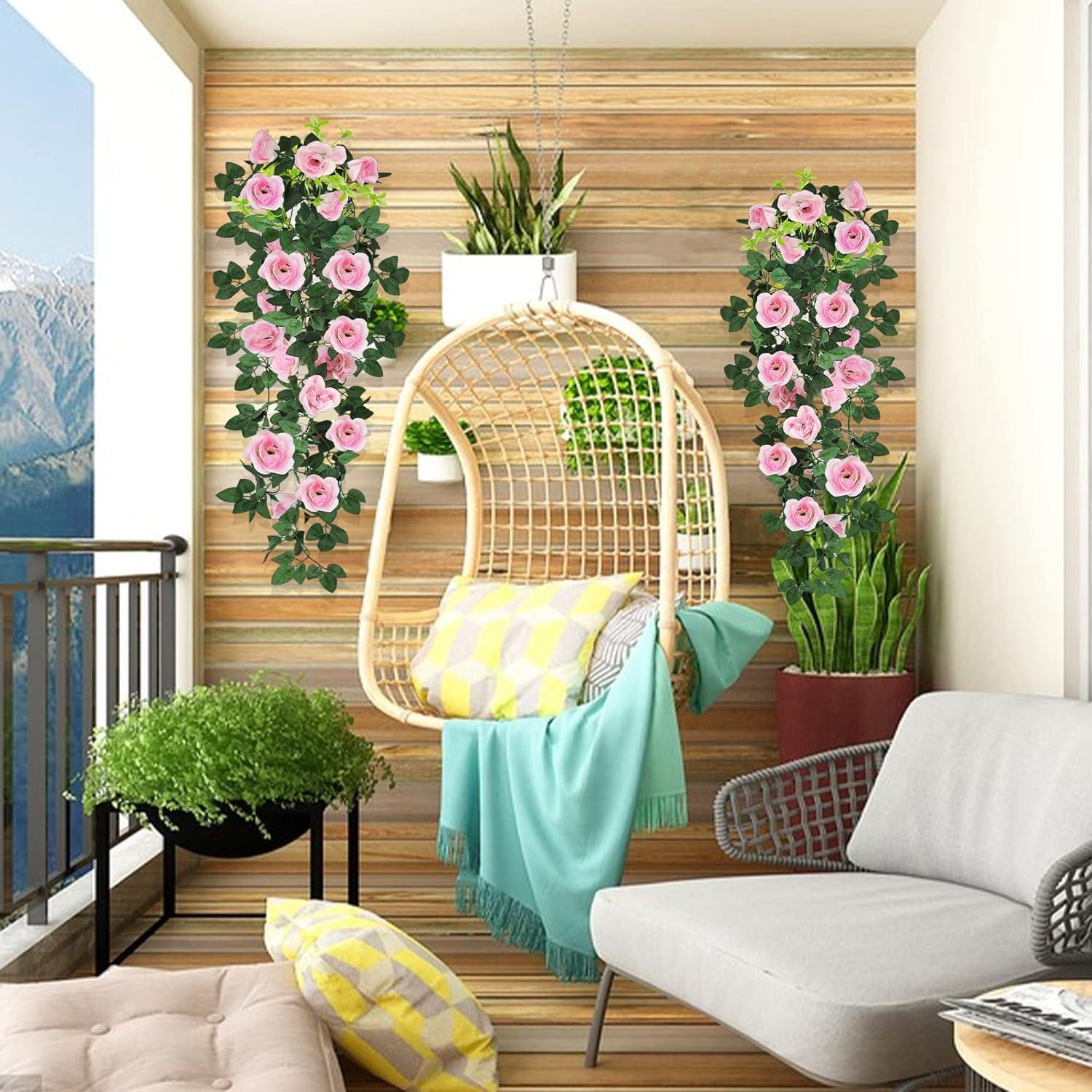 2er Set Künstliche Hängeblumen Rose 95cm Deko Außen Innen