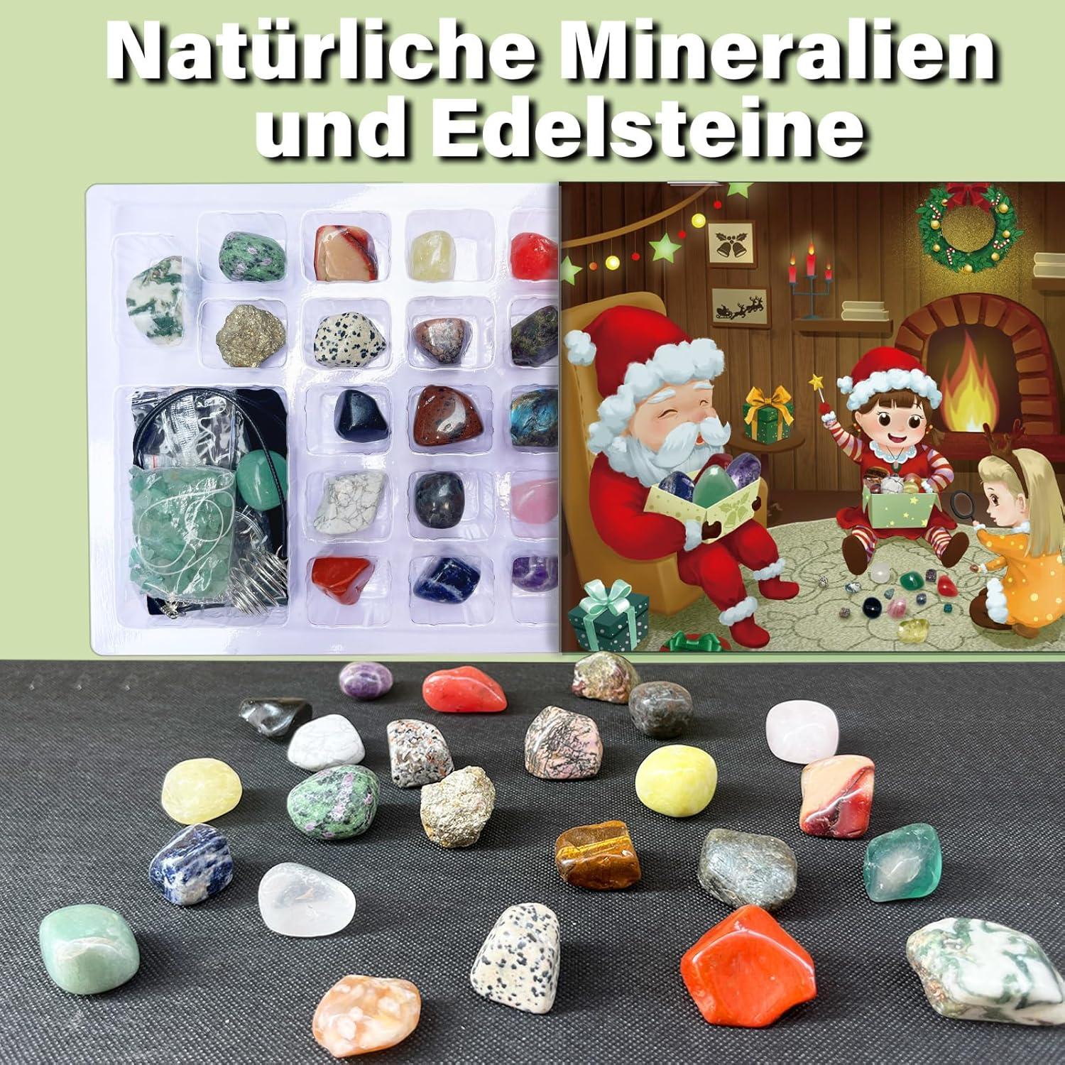 Edelstein Weihnachts Adventskalender 2024 - 24 Stück Natürliche Kristalle Mineralien Kinder Geschenk