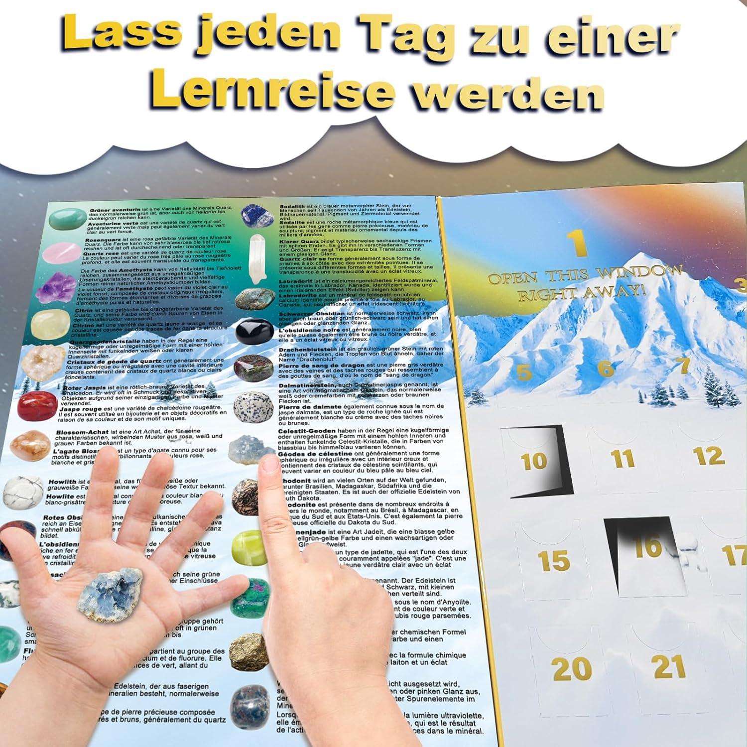 Adventskalender Kristalle 2024 für Kinder, 24 Tage Weihnachtskalender mit Mineralien
