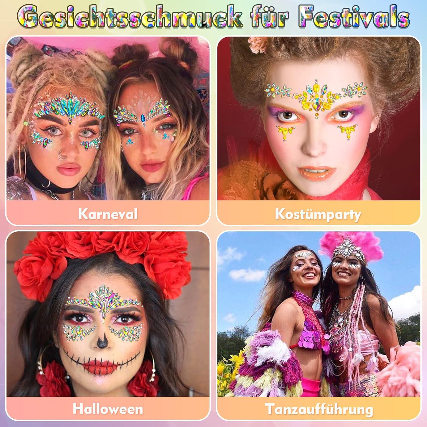 Glitzersteine Gesicht Festival Set 8 Selbstklebend Rave Strasssteine