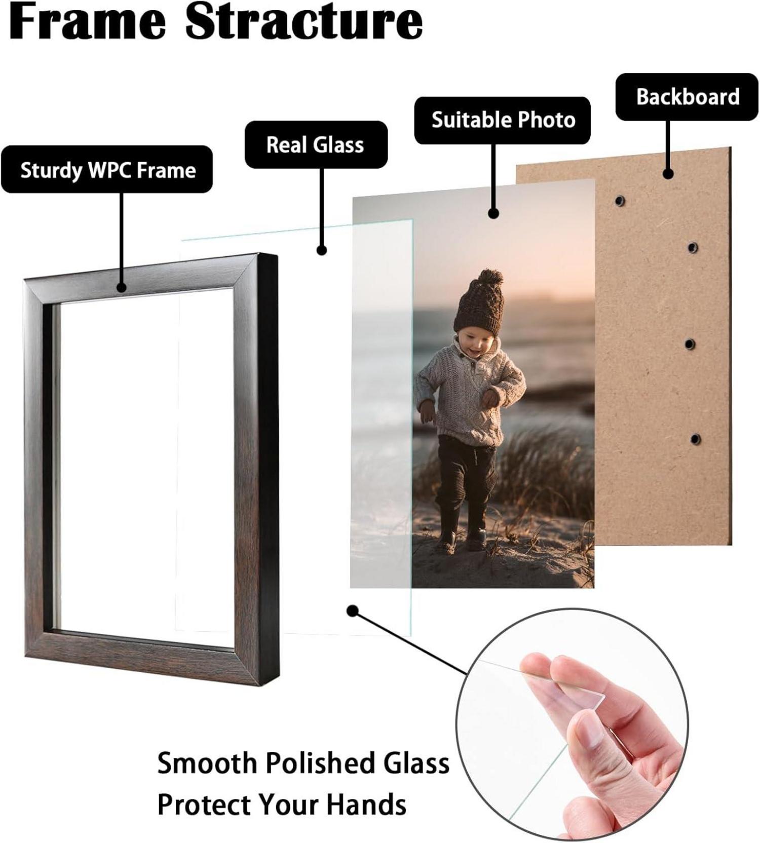 Bilderrahmen 4er Set 10x15cm Holz Echtglas Braun für Wand Tischdekoration
