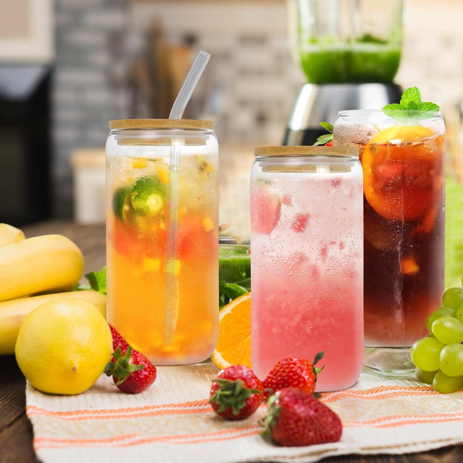 YUEYEE Trinkgläser 3er-Set 500ml Iced Coffee Glas mit Glasstrohhalmen und Bambusdeckel