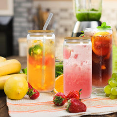 YUEYEE Trinkgläser 3er-Set 500ml Iced Coffee Glas mit Glasstrohhalmen und Bambusdeckel