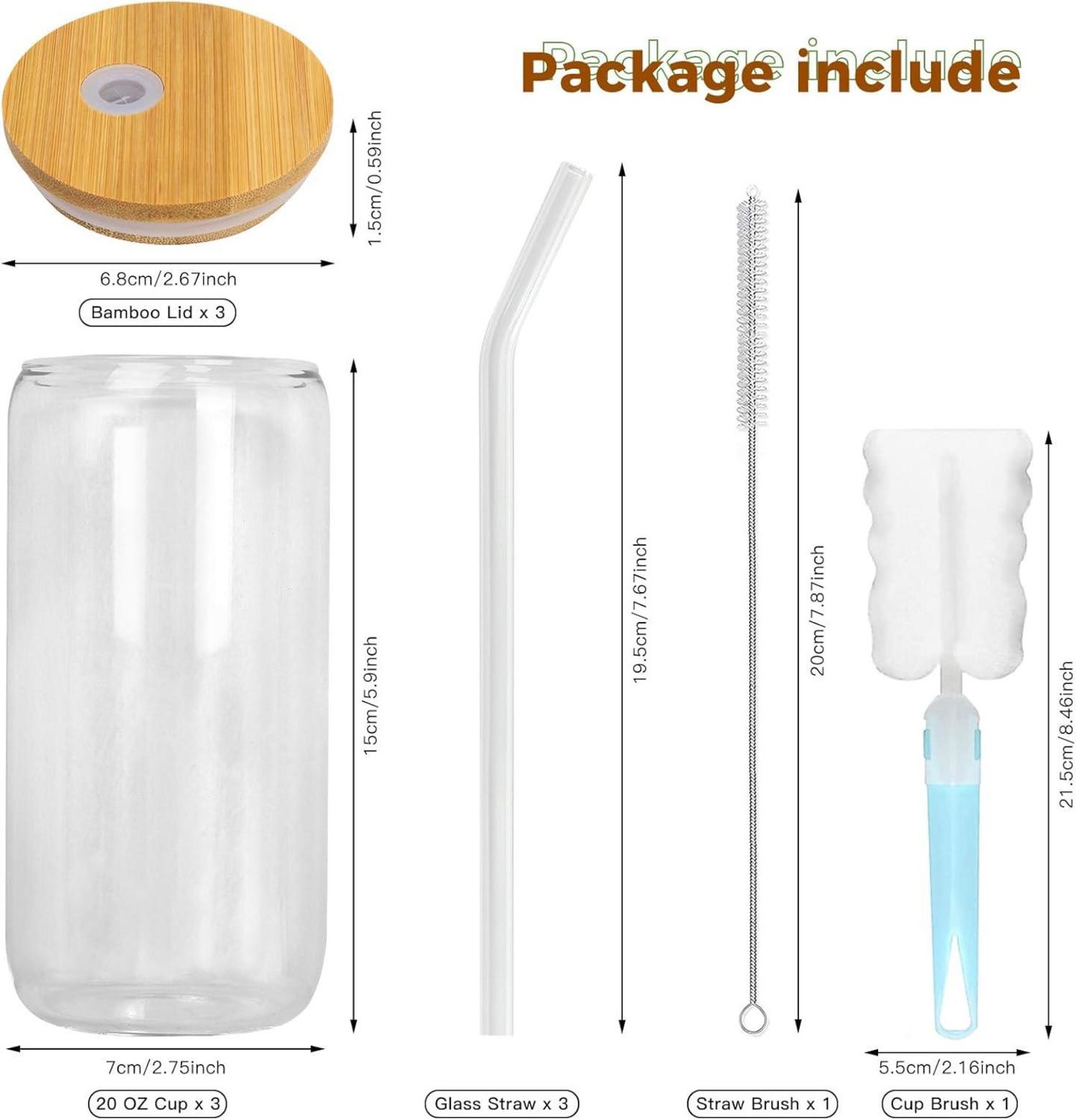 Trinkgläser 3er-Set 500ml Glas in Dosenform mit Glasstrohhalmen und Bambusdeckel
