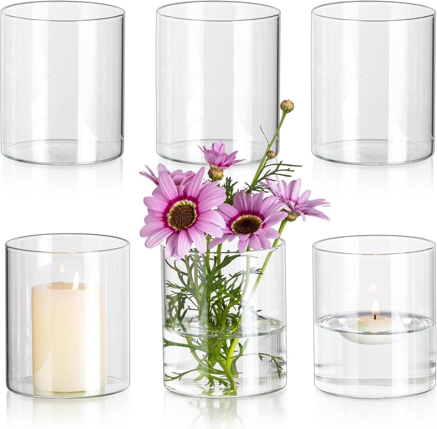 Moderne Glaszylinder Vasen Set für Tischdeko, Kristallklar, 6 Stück
