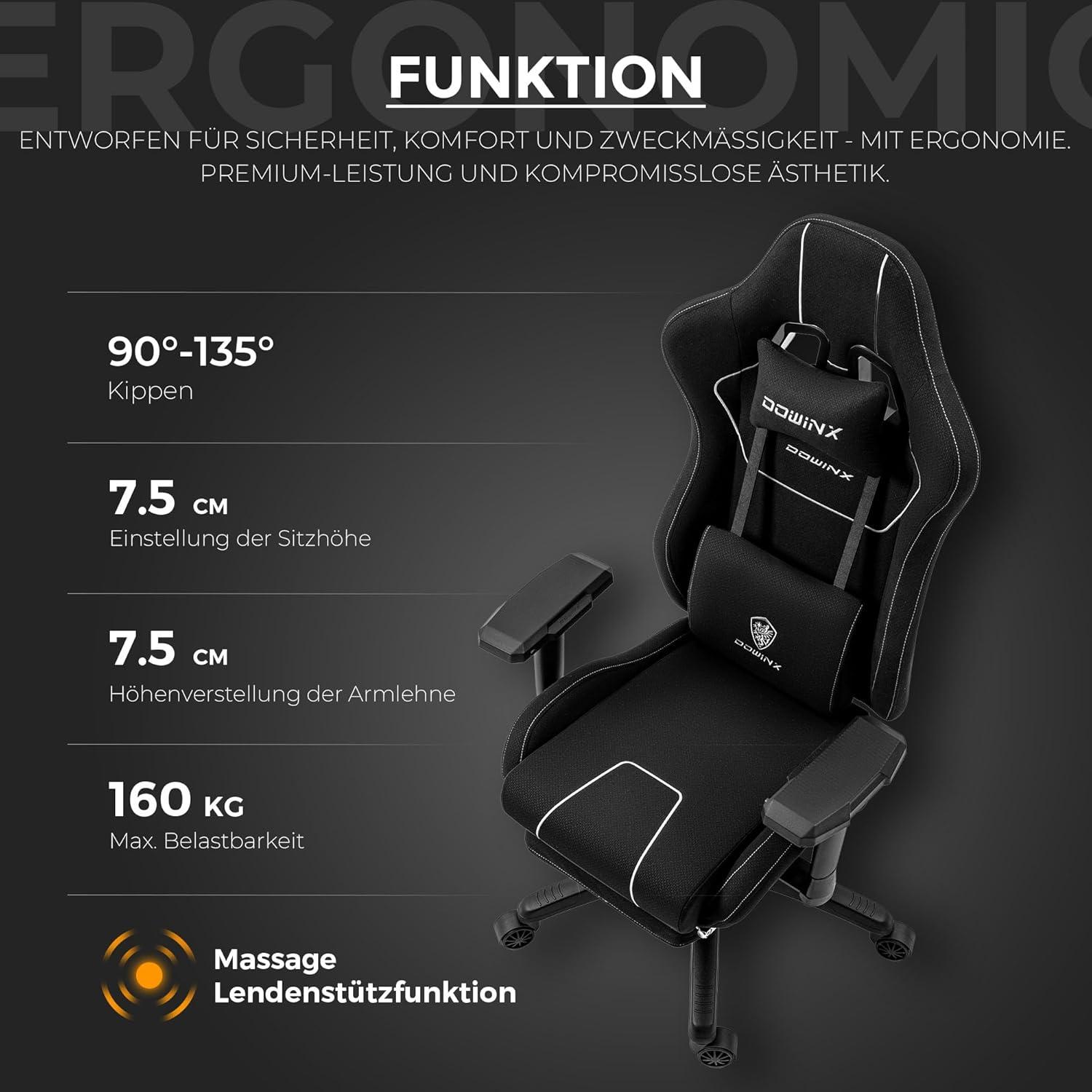 Ergonomischer Gaming Stuhl mit Massage XXL Fußstützen Schwarz