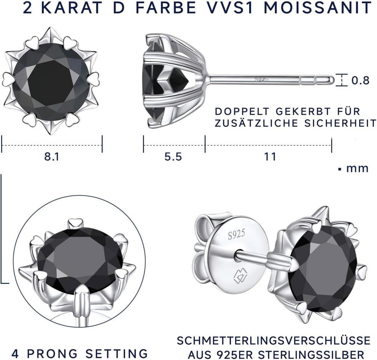 Schwarze Moissanite Ohrstecker 2 Karat 925 Sterling Silber Herren