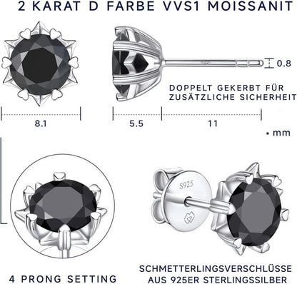 Schwarze Moissanite Ohrstecker 2 Karat 925 Sterling Silber Herren