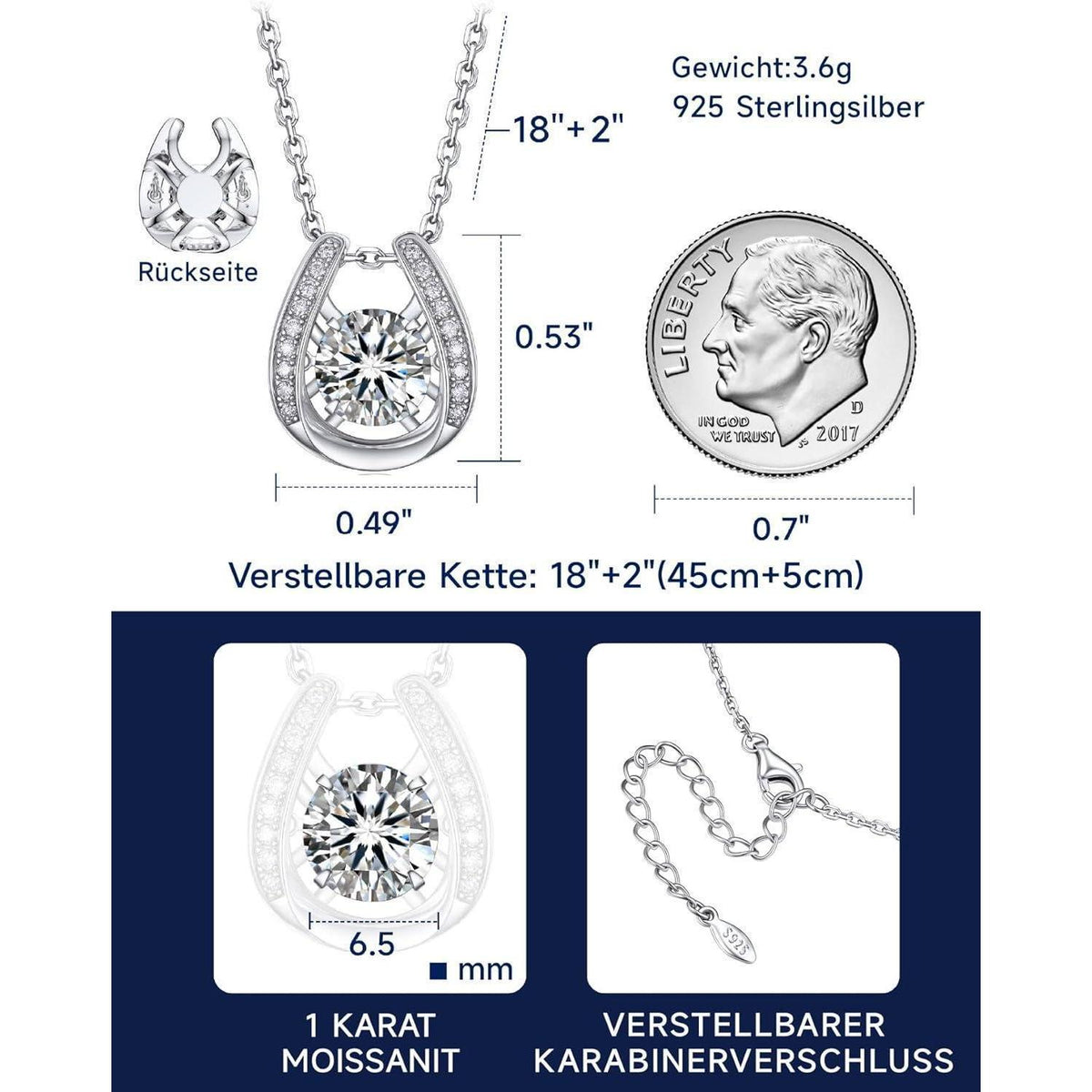 Moissanit Tanz Halskette Damen Silber 925 Hufeisen Glücksbringer Geschenk