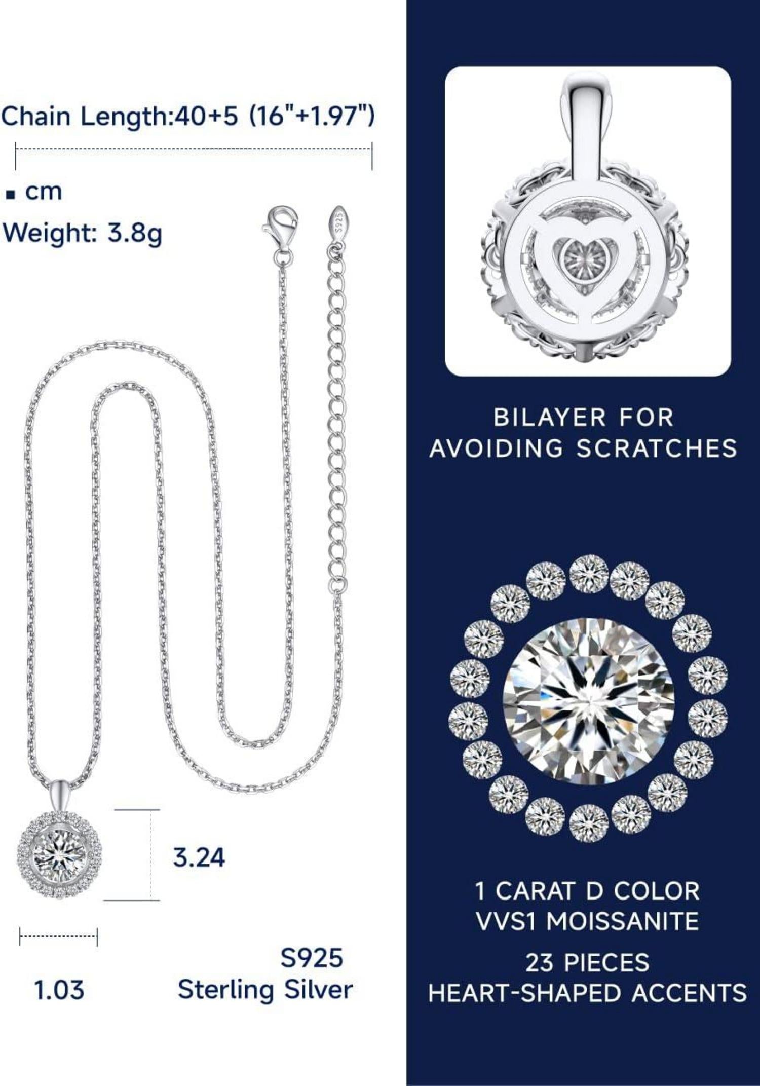 Halskette Damen 1 Karat Moissanit Stein Silber 925 Anhänger