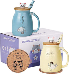 Niedlicher Katzenbecher Set Keramik Kawaii-Deckel Löffel Geschenk