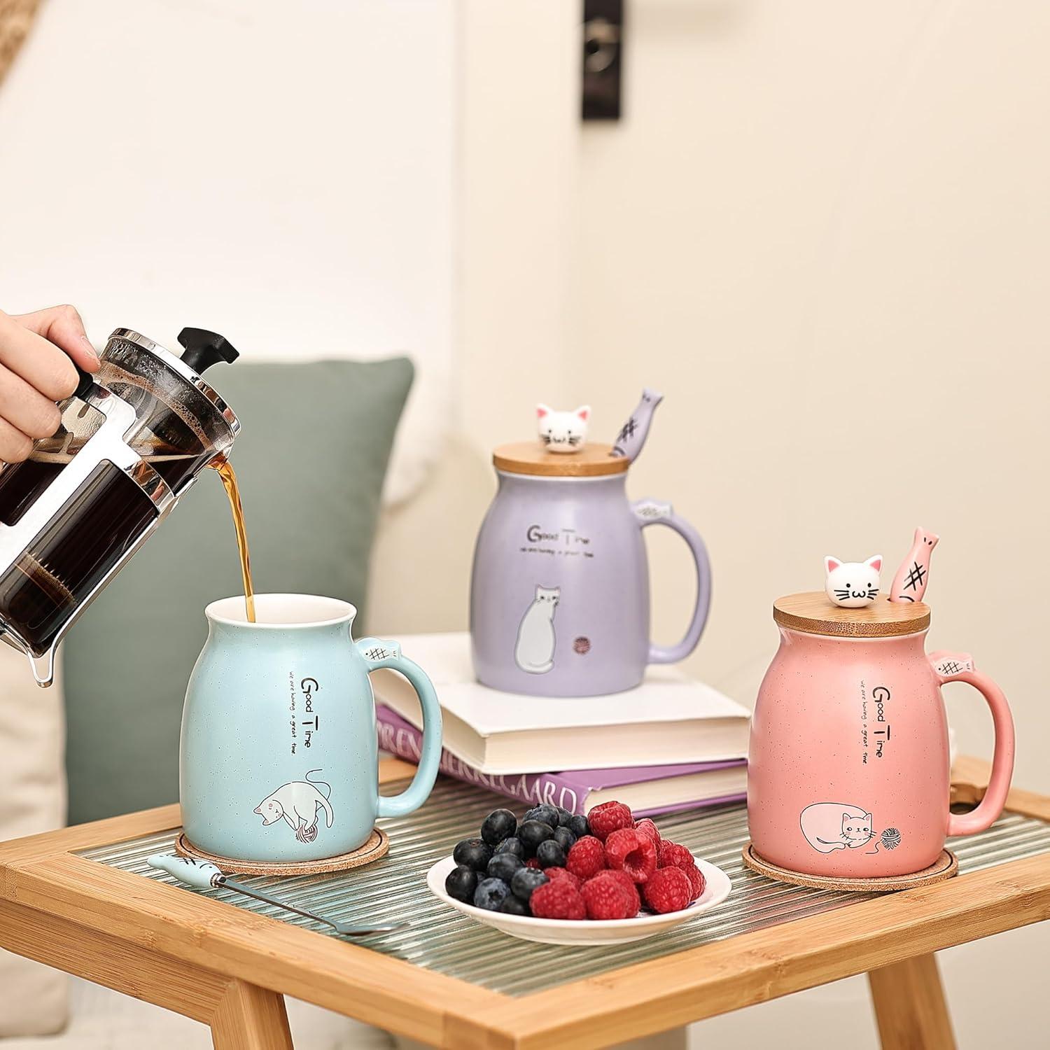 Niedlicher Katzenbecher Set Keramik Kawaii-Deckel Löffel Geschenk