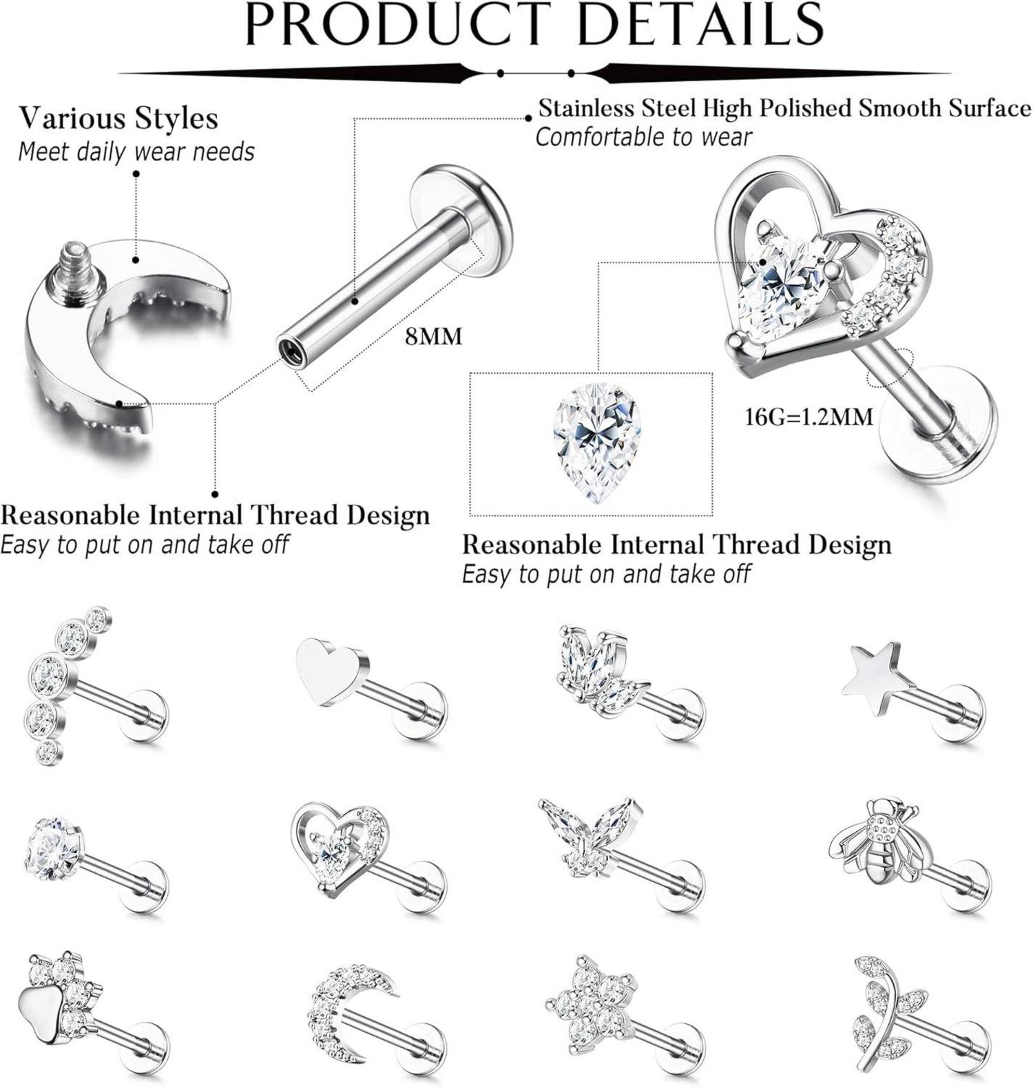 16G Tragus Helix Piercing Set 12 Stück Chirurgenstahl CZ