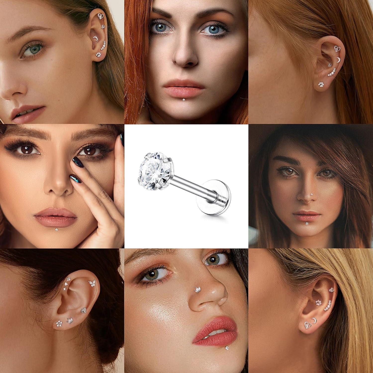Kuafu 12 Stück 16G Tragus Helix Piercing Chirurgenstahl Set CZ Mond Herz Stern Blatt Labret Monroe Medusa Conch Piercing 8.0mm Silber/Gold