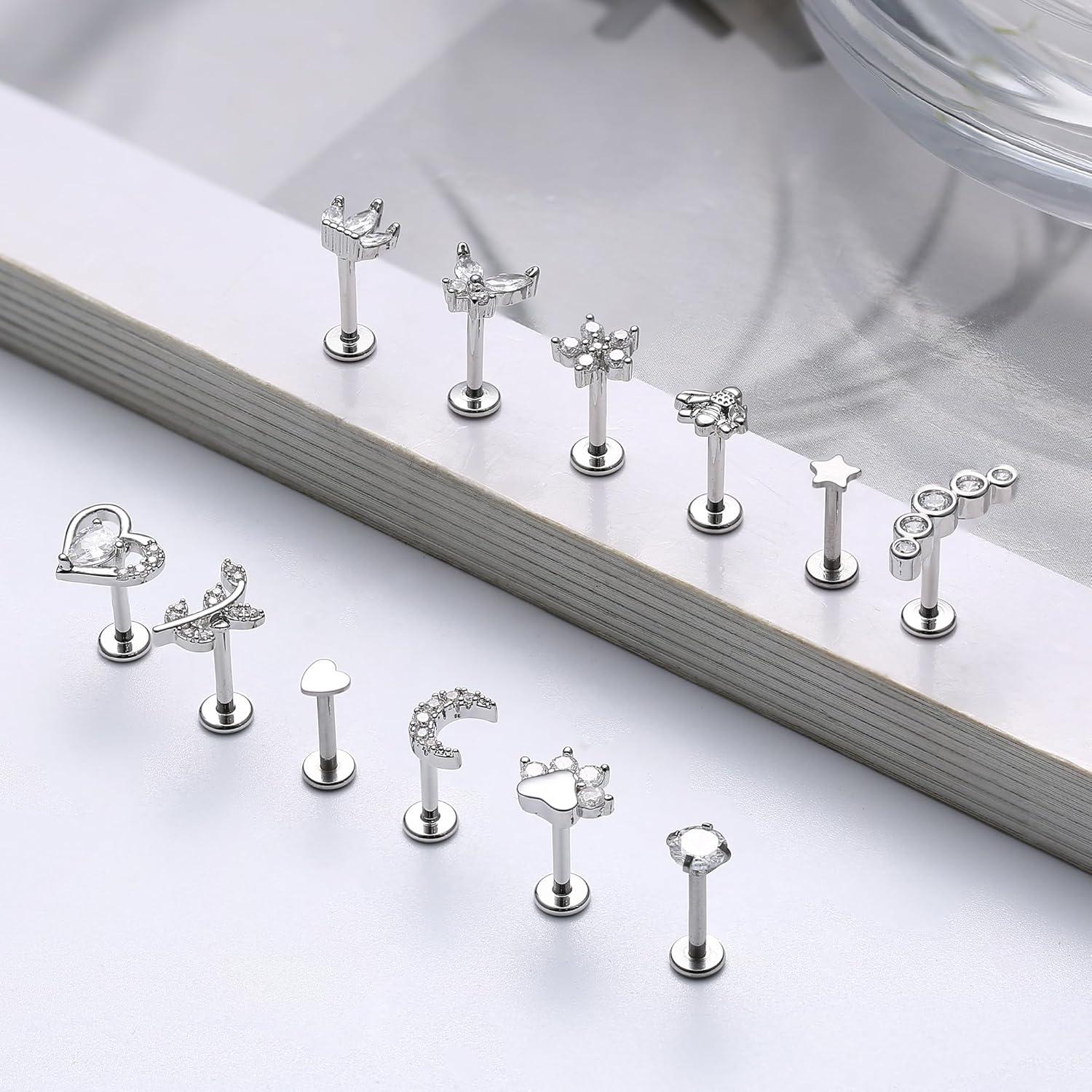 12 Stück 16G Tragus Helix Ohrringe Chirurgenstahl CZ Herz Stern Blatt