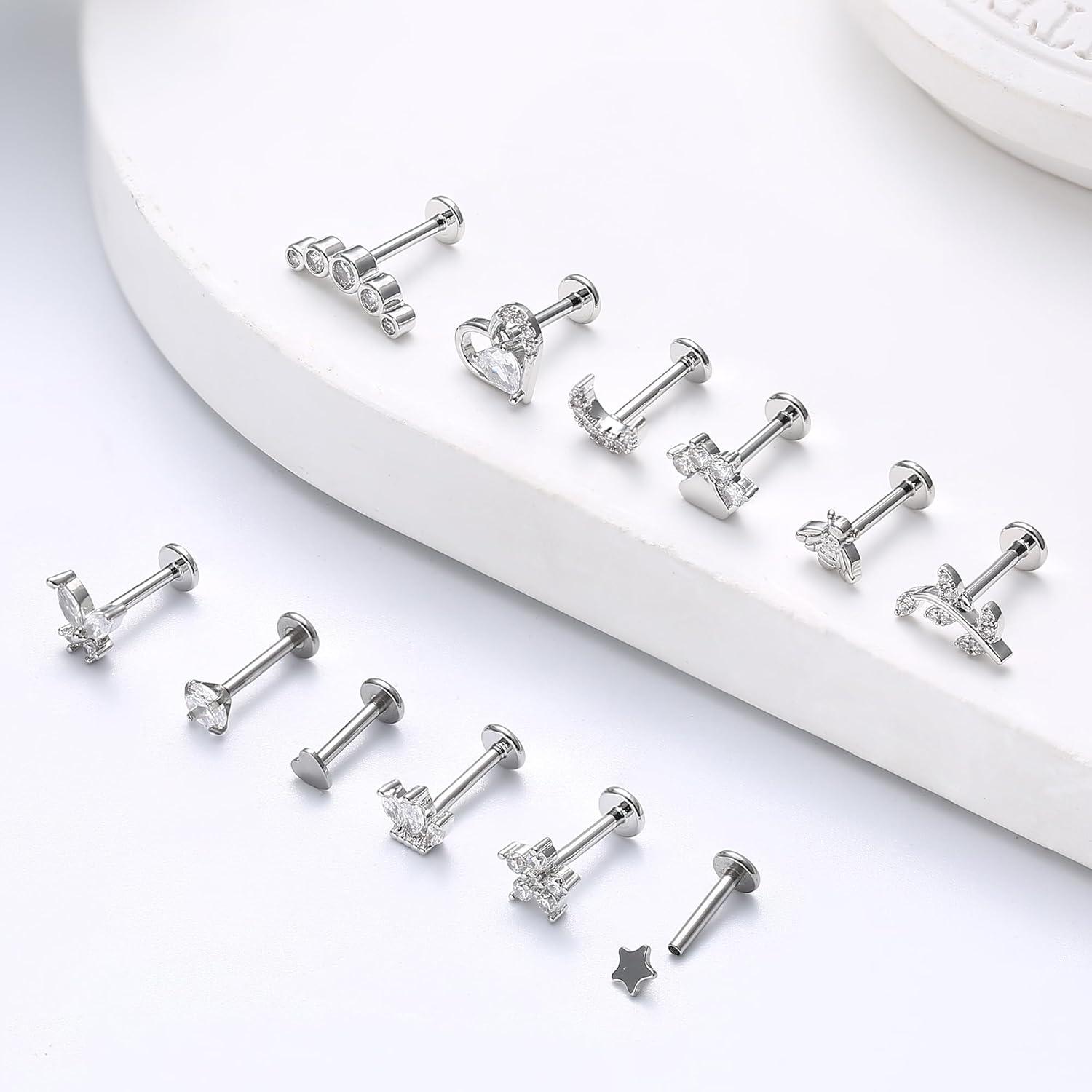 Tragus Helix Ohrringe Set Chirurgenstahl CZ Herz Stern Blatt 12er