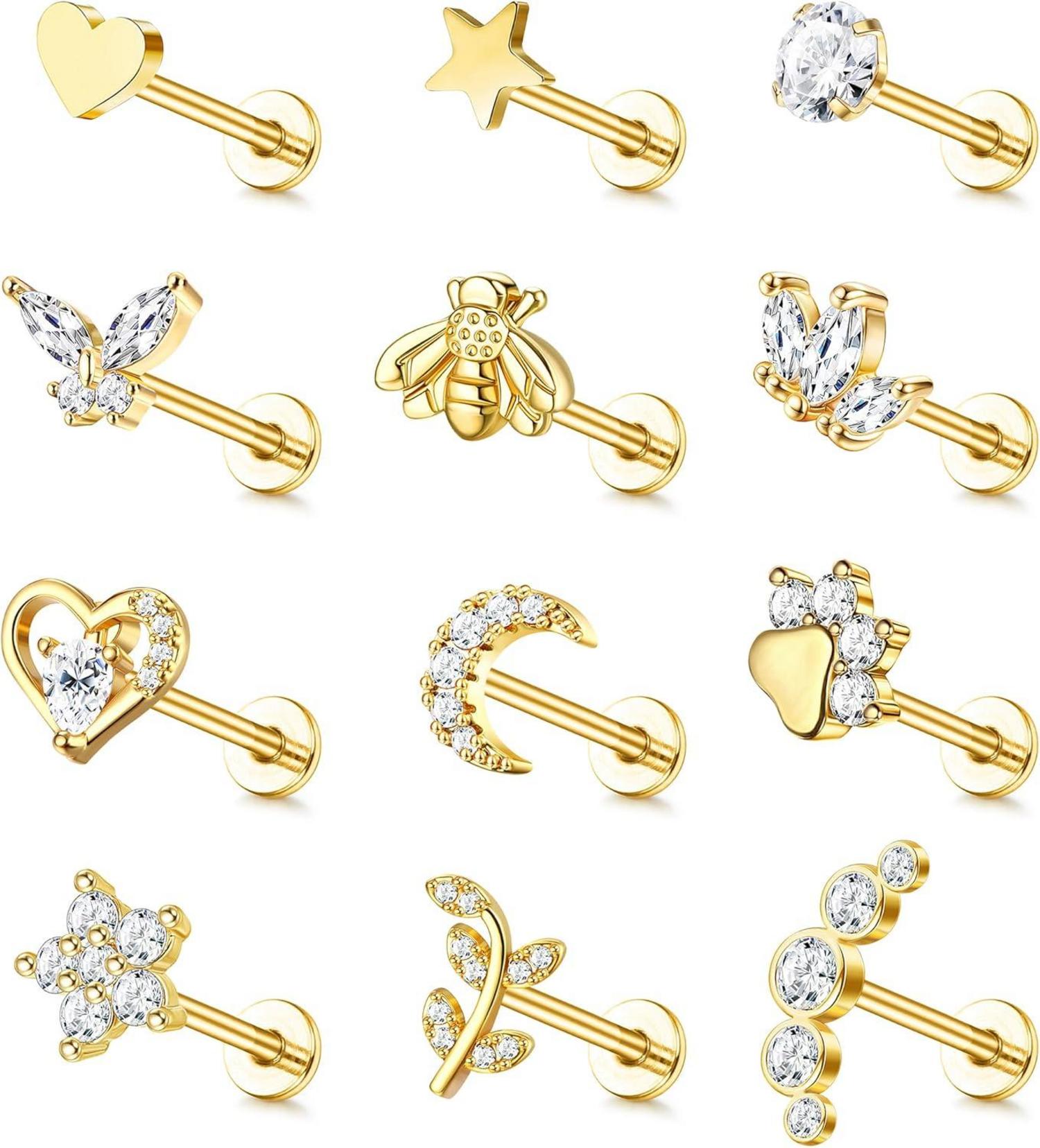 Tragus Helix Piercing Ohrringe Set Chirurgenstahl CZ Silber Gold