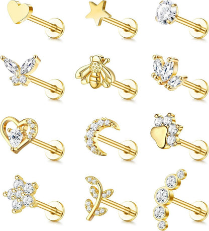 Tragus Helix Piercing Ohrringe Set Chirurgenstahl CZ Silber Gold