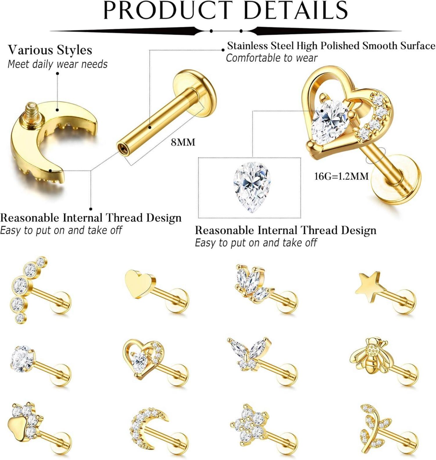 Helix Piercing Ohrstecker 12 Stück Set 16G Chirurgenstahl