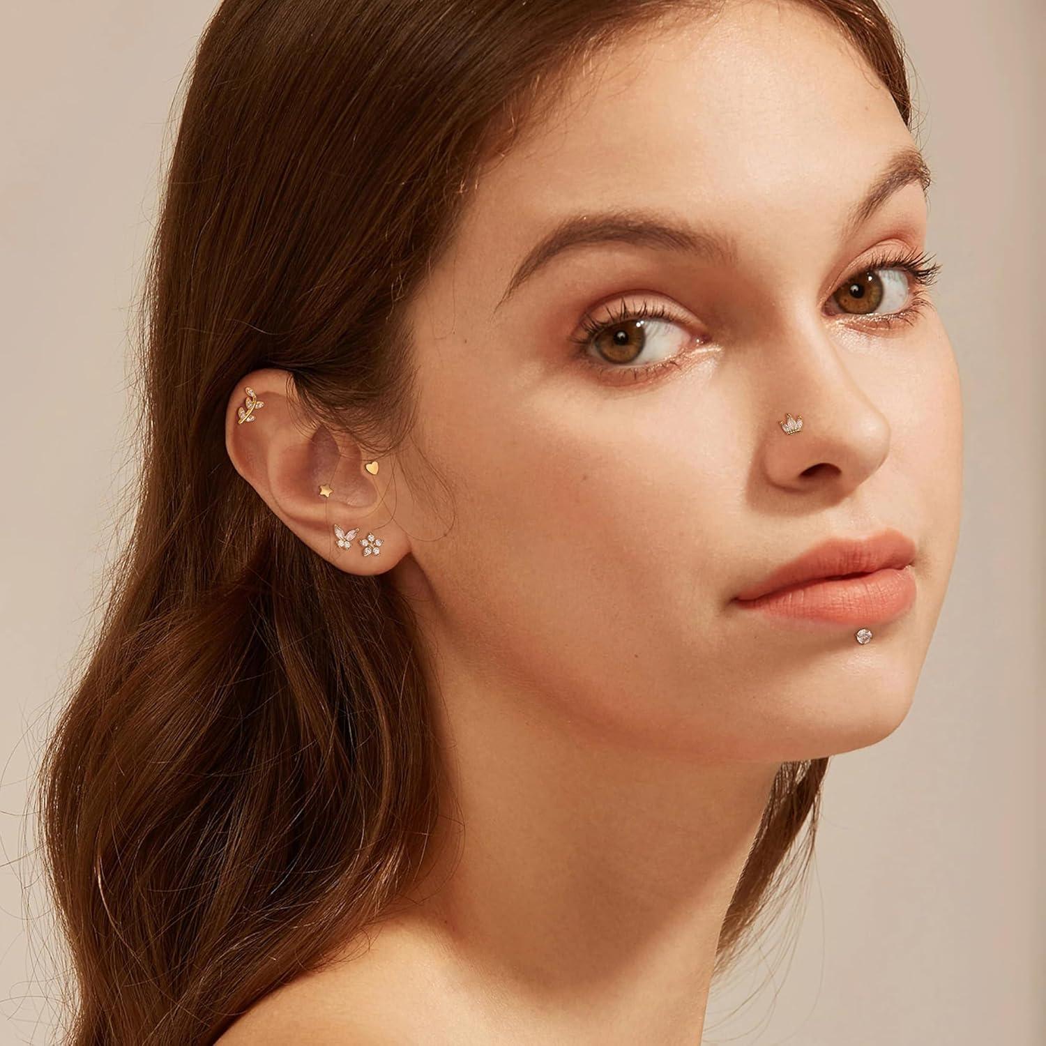 Tragus Helix Piercing Ohrringe Set Chirurgenstahl CZ Silber Gold