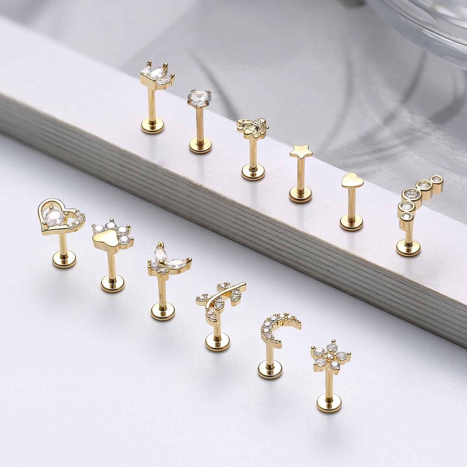 12 Stück 16G Knorpel Helix Ohrringe Chirurgenstahl CZ Mond Herz Stern