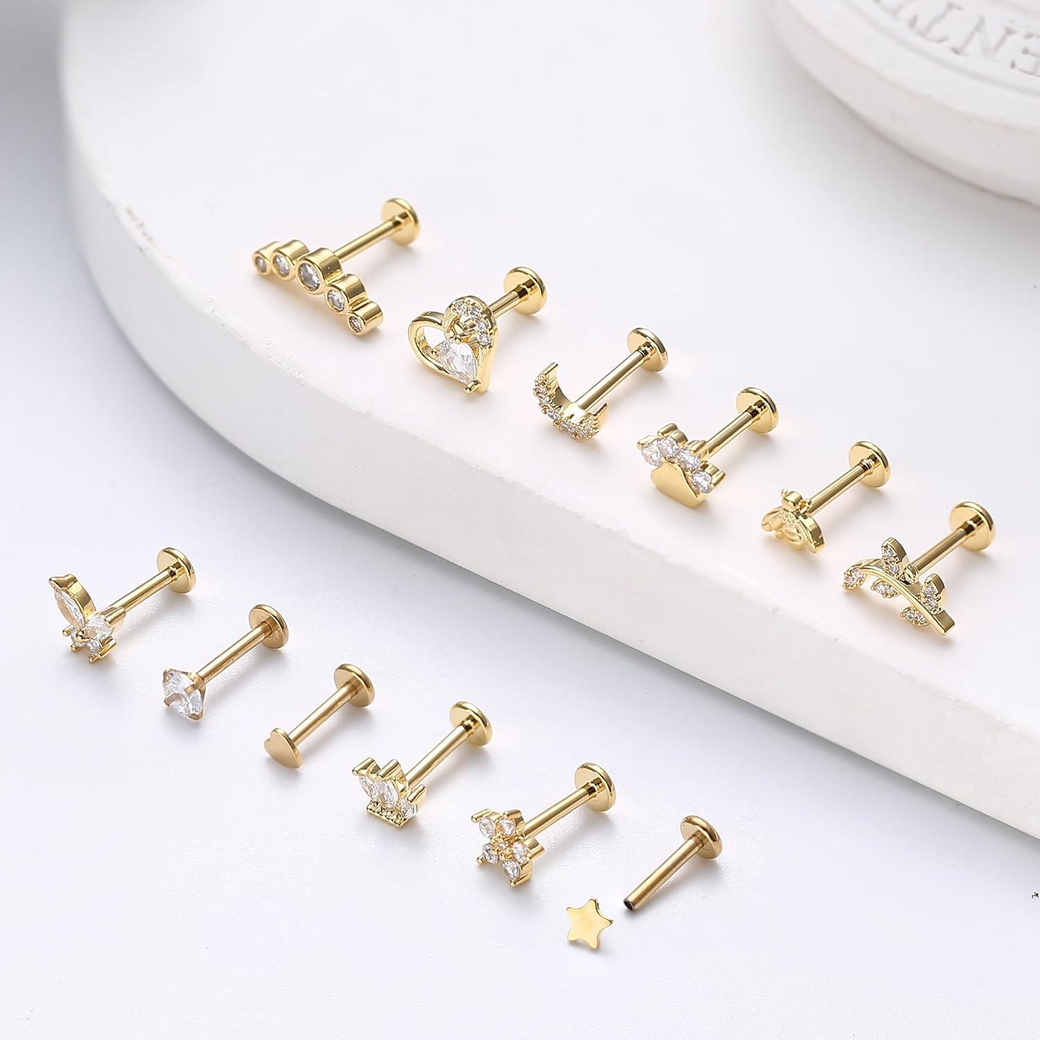 16G Chirurgenstahl Helix Piercing Set CZ Herz Stern Mond Blatt Tragus Conch