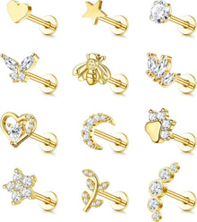 16G Chirurgenstahl Tragus Helix Piercing Set mit CZ in Silber/Gold